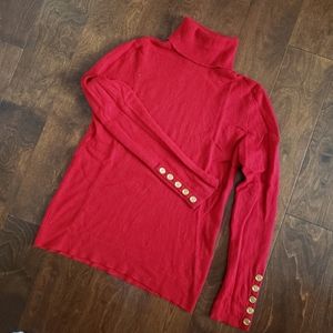 BRIGHT red 100% Cashmere by Bloomingdale Turtleneck Sweater with sleeve buttons